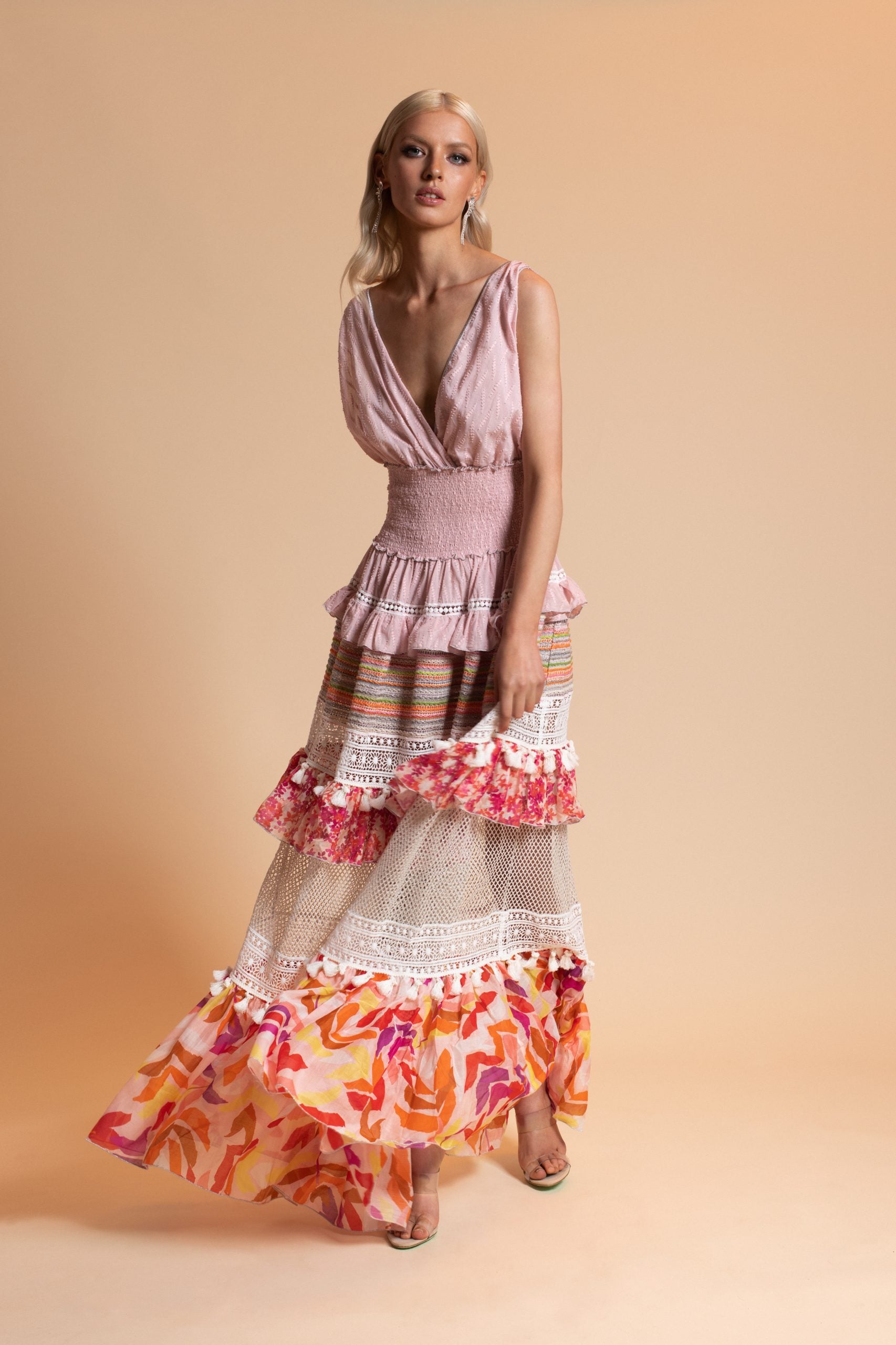LONG DRESS WITH RUFFLE & MACRAME – CHIO DI STEFANIA D ONLINE