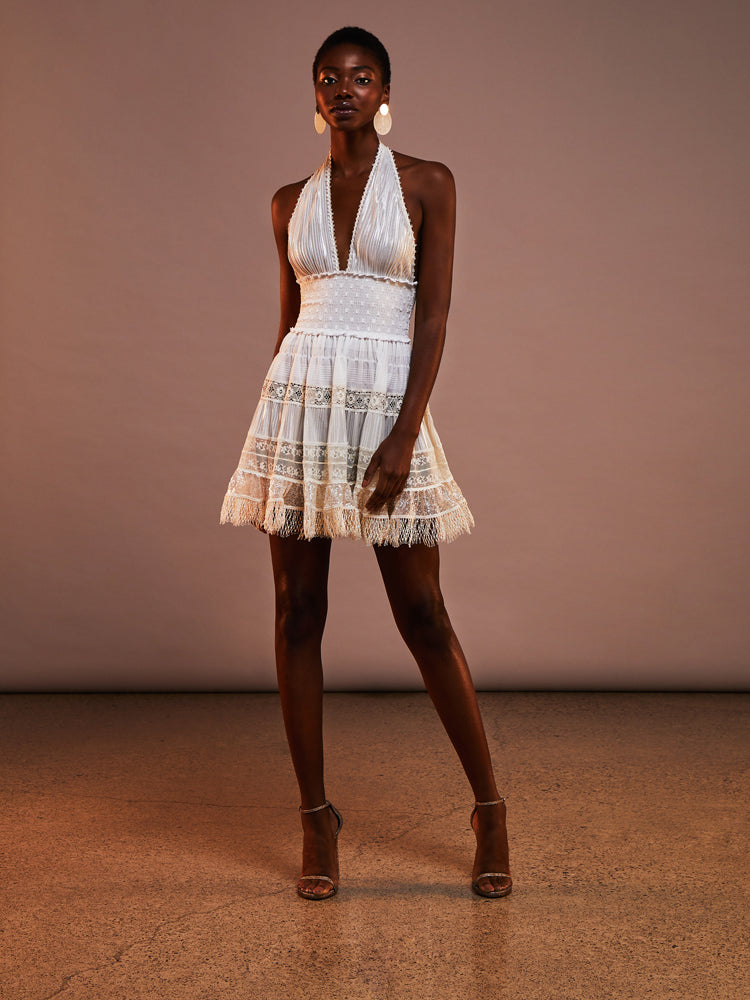 HALTER PLISSE AND LACE SHORT DRESS – CHIO DI STEFANIA D ONLINE